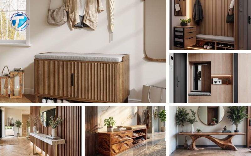 Sảnh đón khách với tủ giày, bàn console và vách trang trí gỗ tự nhiên.